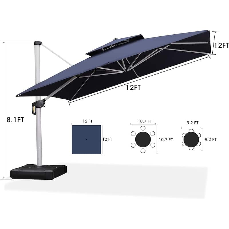 PURPLE LEAF 12 ft Double Top Deluxe Square Patio Cantilever Umbrella