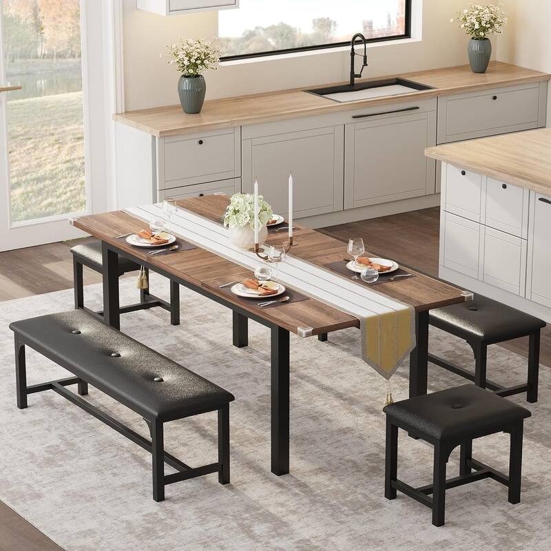 43.7in-63in Extendable Dining Table Set with 2 Benches and 2 Stools