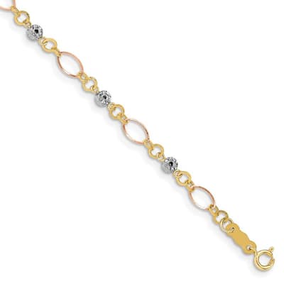 Curata 14k Tricolor Gold 7.5" Diamond Cut Beads Oval Links Bracelet