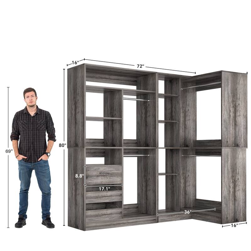 Qvella Set of 2 Corner Closet System with Drawers and Hanging Rods,72 Inches Wide Closet Organizer for Walk-in Closet