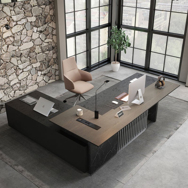 WESOME 86.6inch Large L Shaped Executive Desk with Power Outlet Wireless Charging - 86.6" - Black Right Return