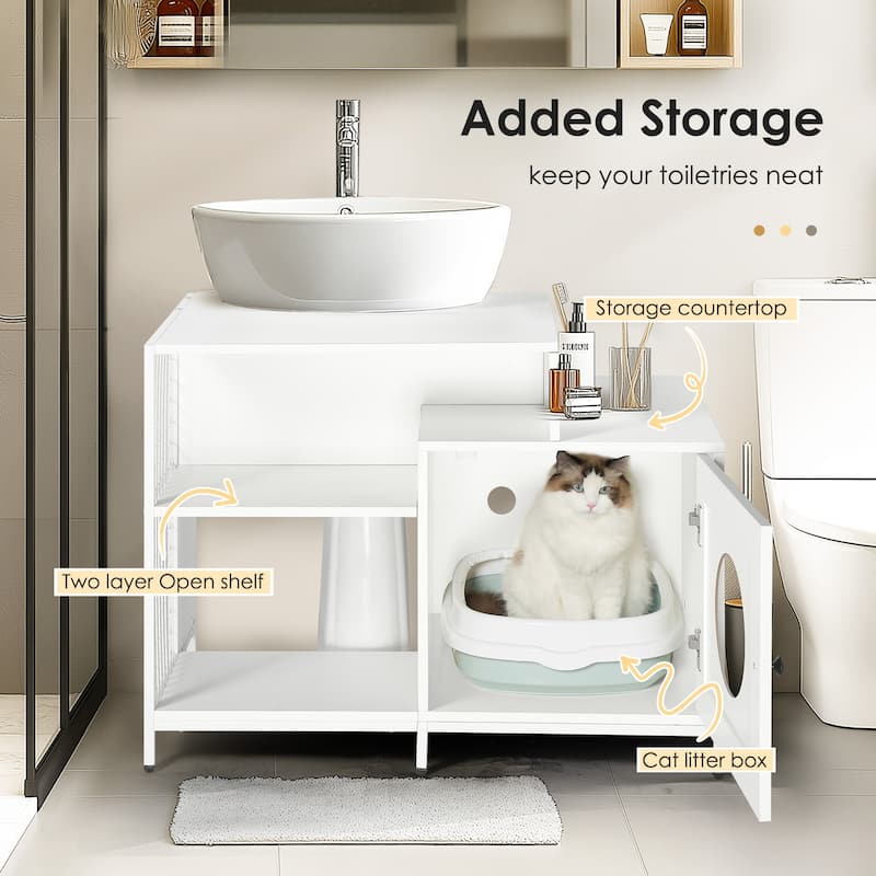 Pedestal Sink Storage Cabinet with Cat Litter Box Enclosure Dual Purpose Bathroom Organizer - 24.8" x 21.3" x 20.1"