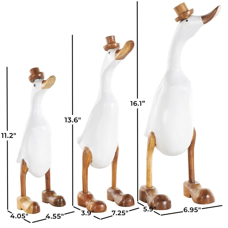 White Bamboo Wood Duck Decorative Sculpture with Brown Top Hats and Shoes (Set of 3)