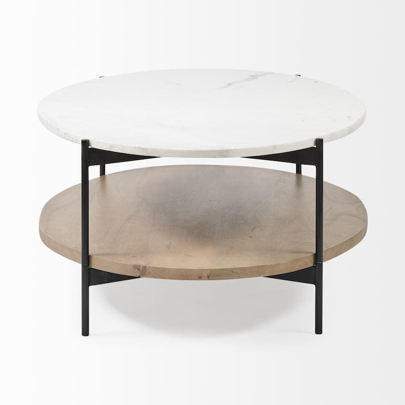 HomeRoots 48" Brown and Black Genuine Marble and Metal Oval Coffee Table With Shelf - 30