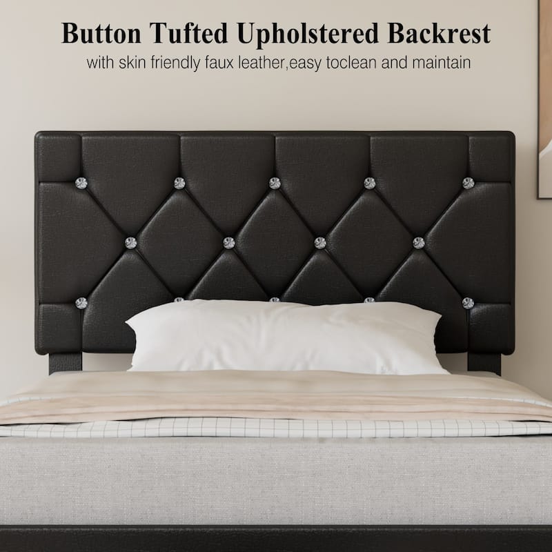 Javlergo 2-Piece Twin Bed Frame Set 39.4-45.3" Adjustable Height PU Leather Headboard with Diamond Embellishment Storage Drawer