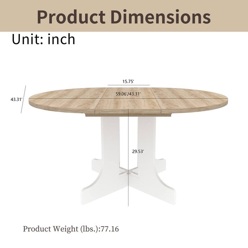 43-59" Expandable Round Dining Table with X-Base, Oak Veneer, Seats 6