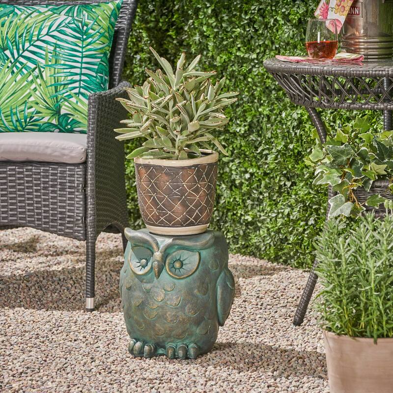 Roomfitters Owl Garden Stool, Weather-Resistant Lightweight Concrete Decorative Accent Table, Antique Green