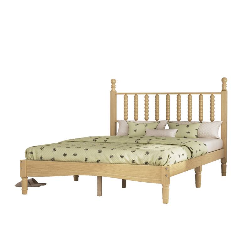 Retro Style Wood Low Profile Platform Bed with Wooden Slat Support and Gourd Shaped Headboard, No Box Spring Needed