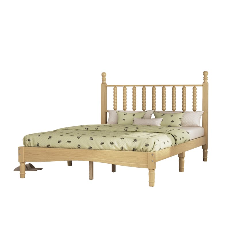 Twin/Full/Queen/King Retro Style Wood Platform Bed with Gourd Headboard and Wooden Slat Support