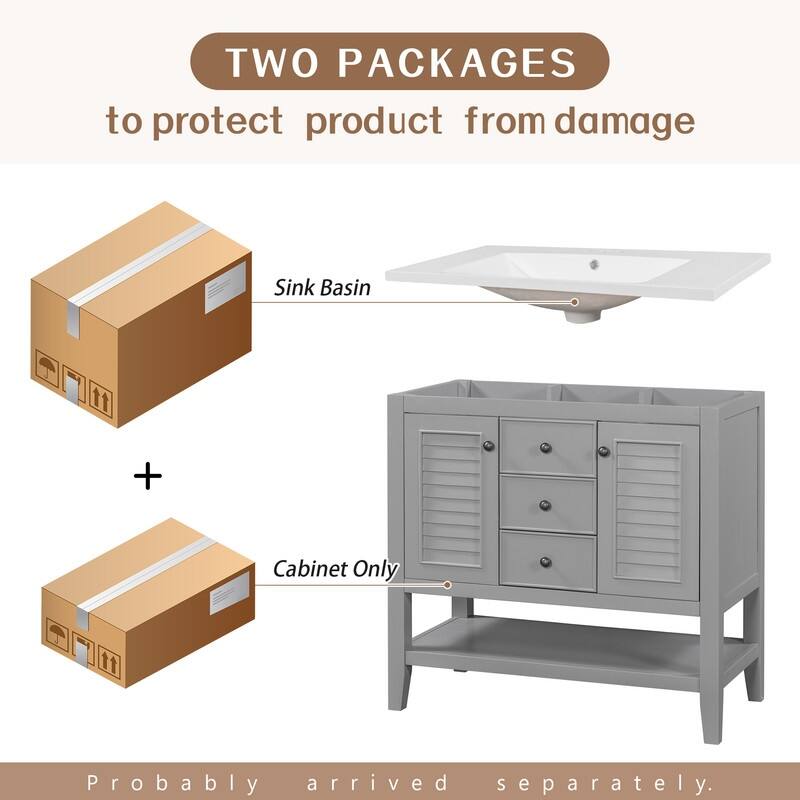36" Bathroom Vanity with/without Sink, Bathroom Vanity Cabinet with 2 Cabinets and Drawers, Open Shelf, Solid Wood Frame