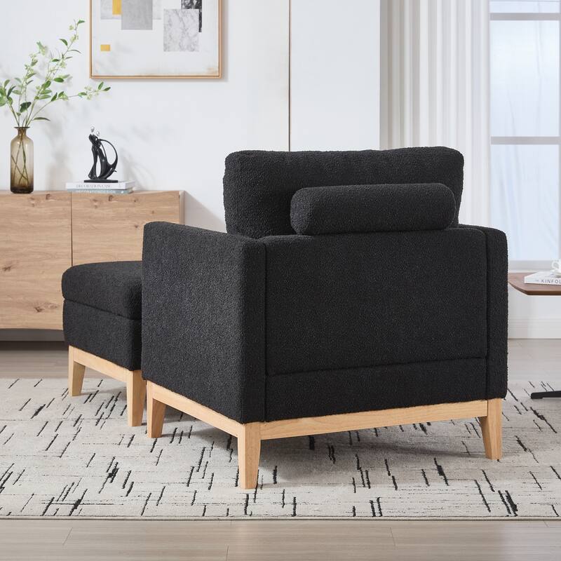 Upholstered Wood Base Square Accent Arm Chair with Ottoman