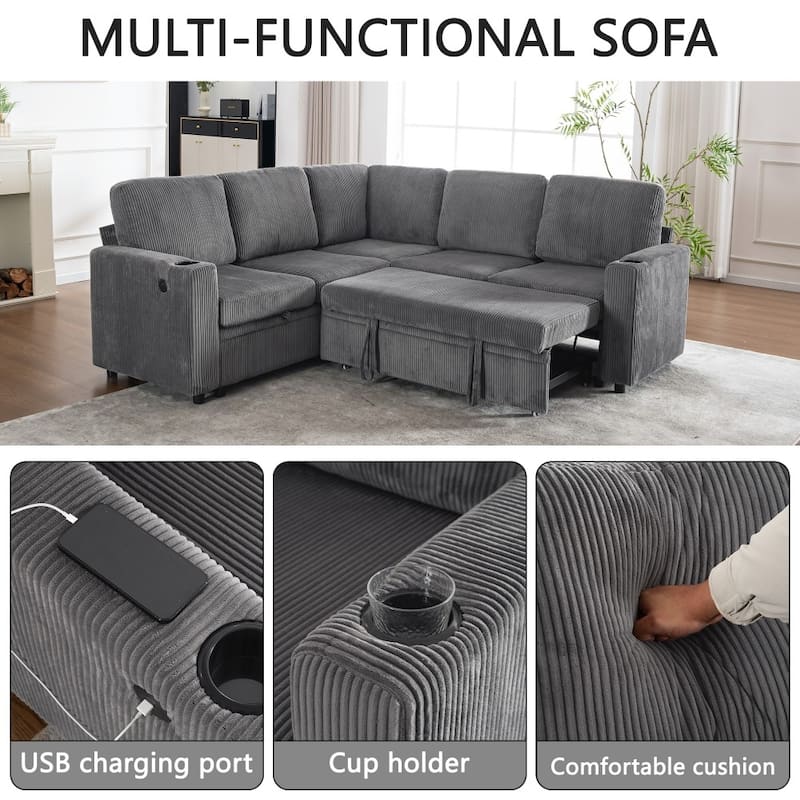 83.66" L-Shaped Sectional Sofa with Storage and Pull Out Bed