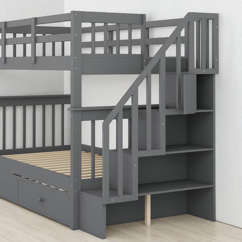 Stairway Twin Over Twin Bunk Bed with Trundle and Storage Drawers, Convertible Design, Solid Wood Frame