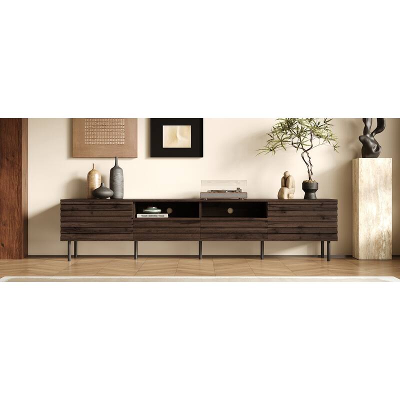 TV Stand for TVs up to 85", Entertainment Center with 2 Drawer & 2 Cabinet, Open Shelves, Wood TV Console with Cable Management