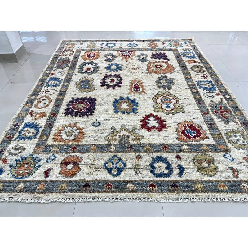 Ivory Hand-Knotted Wool Modern Oushak Rug, 9' x 12', soft elegant area rug - L
