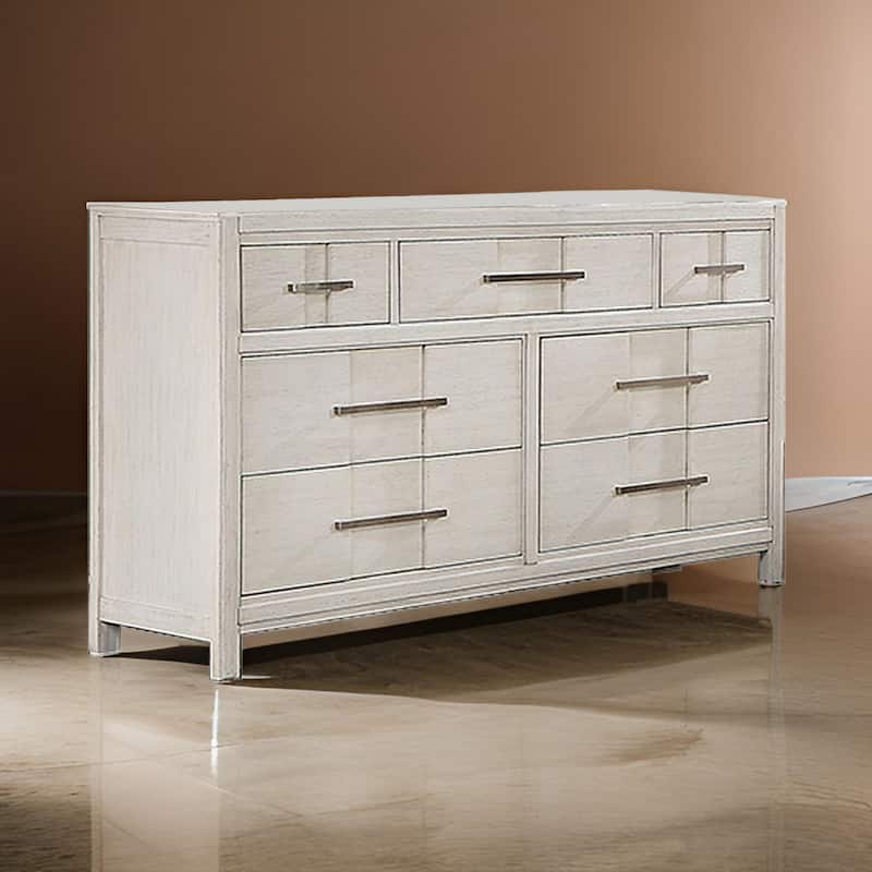 Varos 58 Inch Wide Dresser Chest, 7 Drawers, Nickel Bar Handles, White