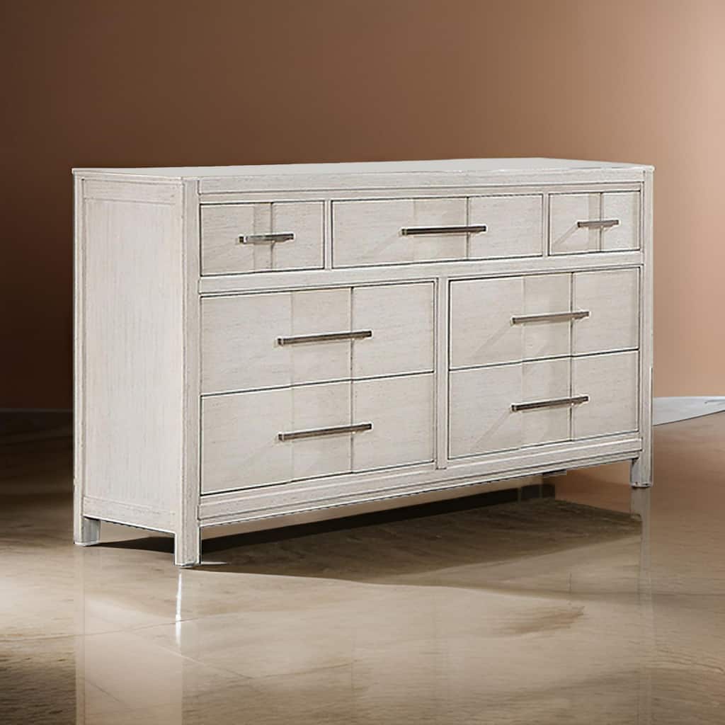 Varos 58 Inch Wide Dresser Chest, 7 Drawers, Nickel Bar Handles, White