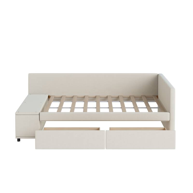 L-Shaped Twin Size Upholstered Platform Bed with Storage Drawers, Beige