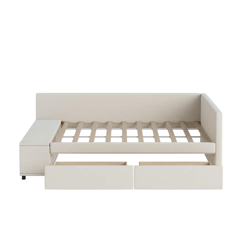 Twin L-Shaped Velvet Upholstered Platform Bed with Storage Cabinet and Drawers, Space-Saving Design