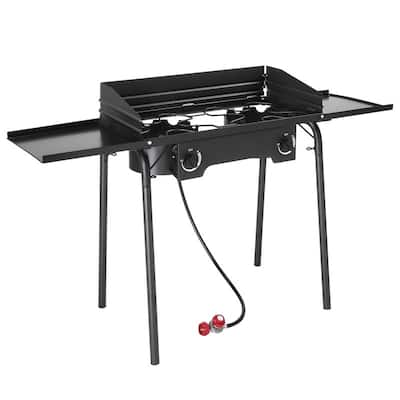 Outdoor Camping 2-Burner Stove High Pressure Propane Gas Cooker with Windscreen and Shelves - N/A