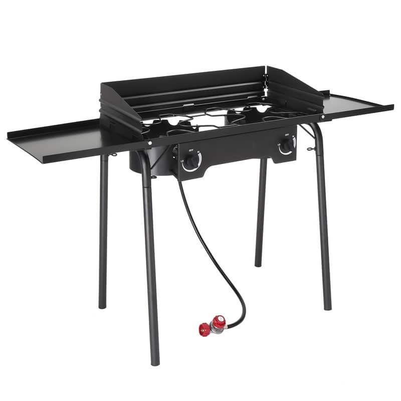 Outdoor Camping 2-Burner Stove High Pressure Propane Gas Cooker with Windscreen and Shelves - N/A