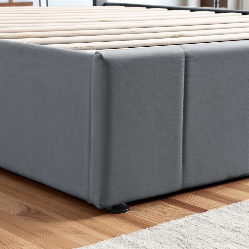 Full/Queen Upholstered Platform Bed with Hydraulic Lift Storage, Linen Headboard and Slats