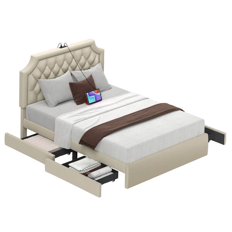 Moasis Velvet/Linen Upholstered Bedframe with Adjustable Headboard and 4 Storage Drawers - Velvet Beige - Full