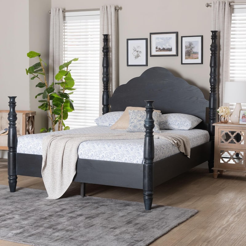 Baxton Studio Martino Four-Poster Platform Bed - Sculpted Post Bed Frame with Panel Headboard, Vintage Spindle Bed