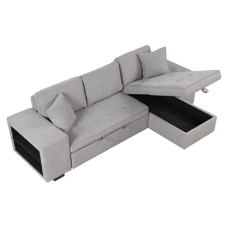 Modern L-Shape 3 Seat Reversible Sectional Couch, Pull Out Sleeper Sofa with Storage Chaise and 2 Stools