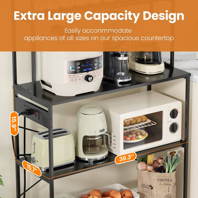 Large 5-Tier Bakers Rack with Electrical Outlets, 39 Inch Microwave Stand & Coffee Bar, Kitchen Storage Shelf for Home