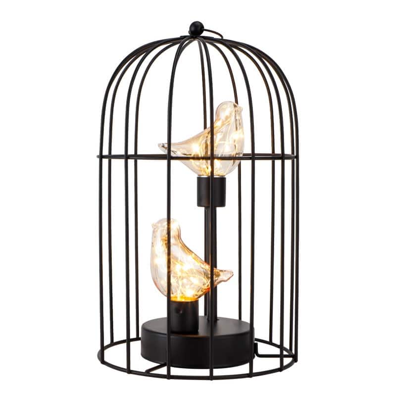 HomeRoots 12" Black Battery Operated Round Lamp With Bird Cage Shade - 7.00 in. x 12.00 in. x 7.00 in.