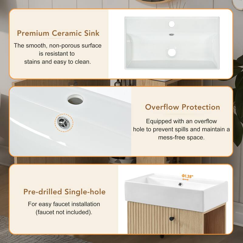 21.6" Modern Floating Bathroom Vanity With Ceramic Basin - Perfect For Small Bathrooms,Right Side Storage