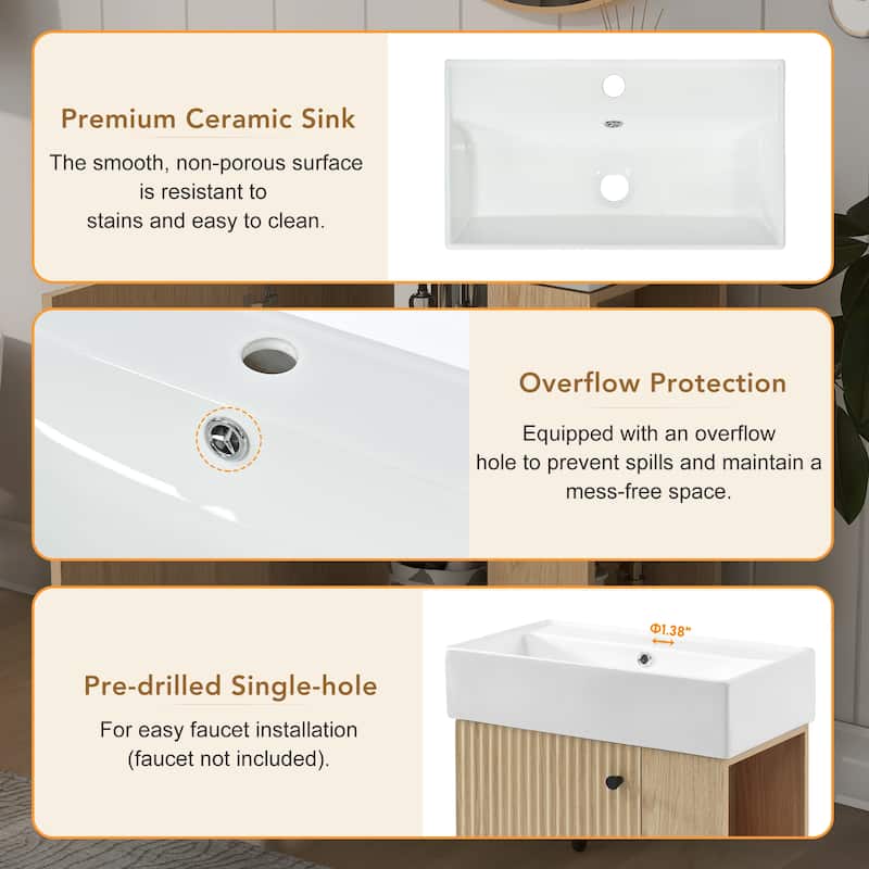 Wall-Mounted Bathroom Vanity Small Space Floating Cabinet with Sink, Wave-Patterned Door, Metal Handle and Right Side Storage