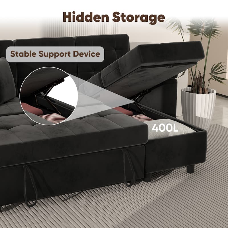 Pocassy 85" Velvet Sofa Bed with Chaise Pull Out Couch for Apartment Living Room