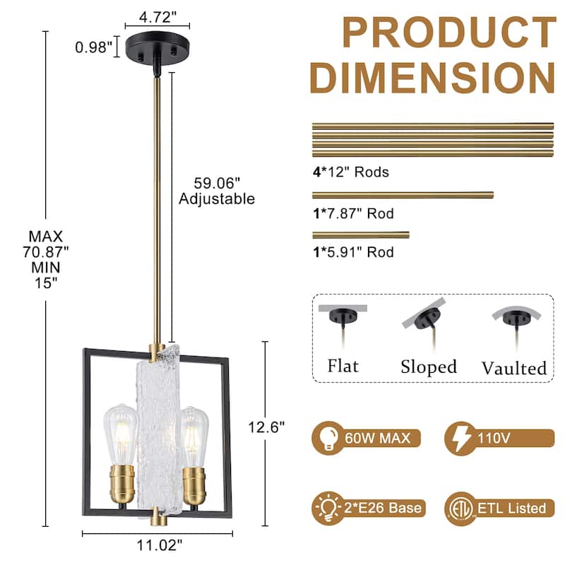 Matte Black & Brushed Gold Geometric Chandelier with Hammered Glass - Dia.11.02-in