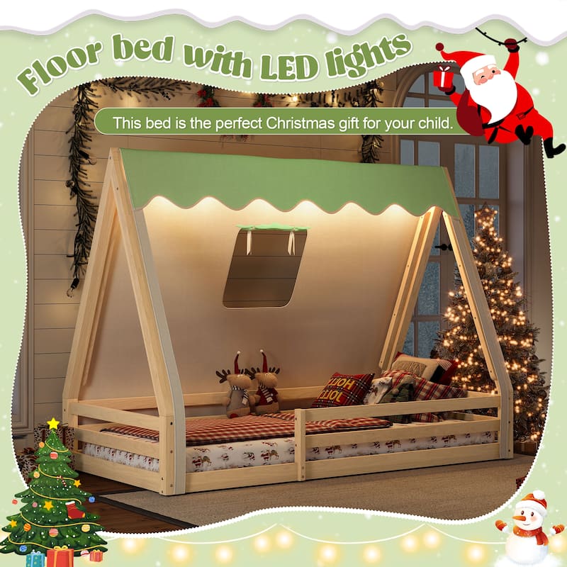 Full/Twin House Floor Bed with Tent, LED Light & Guardrails