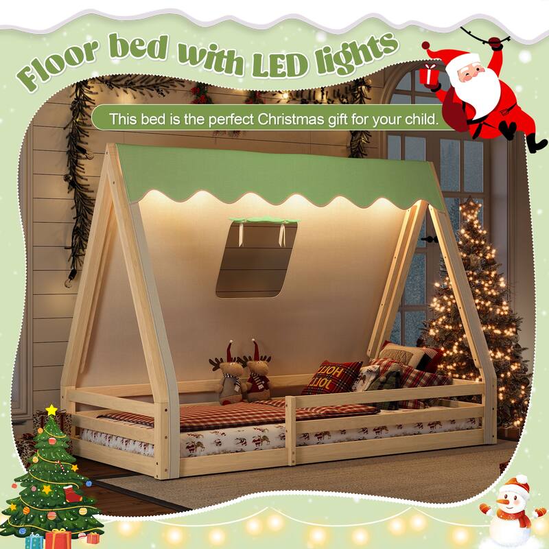 Montessori House Floor Bed with Tent and Lights, Solid Wood Teepee Bed with Guardrails, Twin/Full Kids Bed Frame