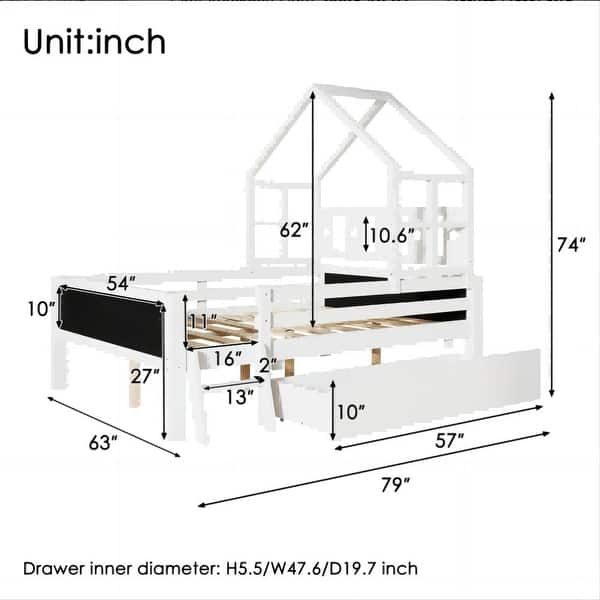 dimension image slide 0 of 2, Solid Wood House Bed with Ladder and Storage Drawers for Kid Bedroom