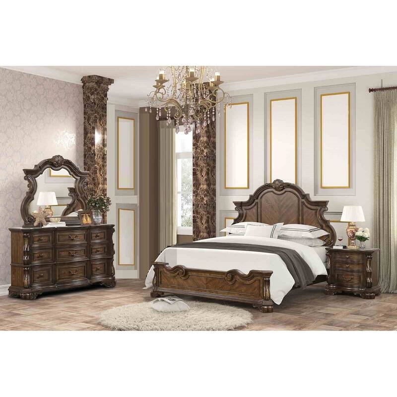 Traditional Dark Brown Finish 4pc Bedroom Set with Headboard USB Charging Nightstand