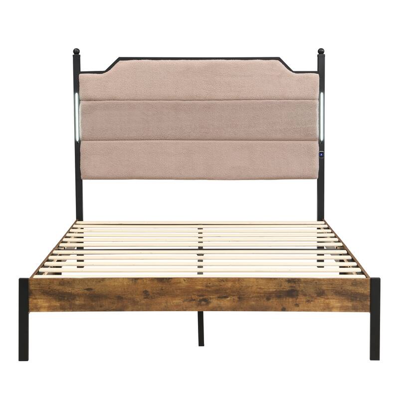 Queen Bed Frame , Upholstered headboard with Charging and Touch sensitive LED Lights, Under Bed Storage, No Box Spring Needed