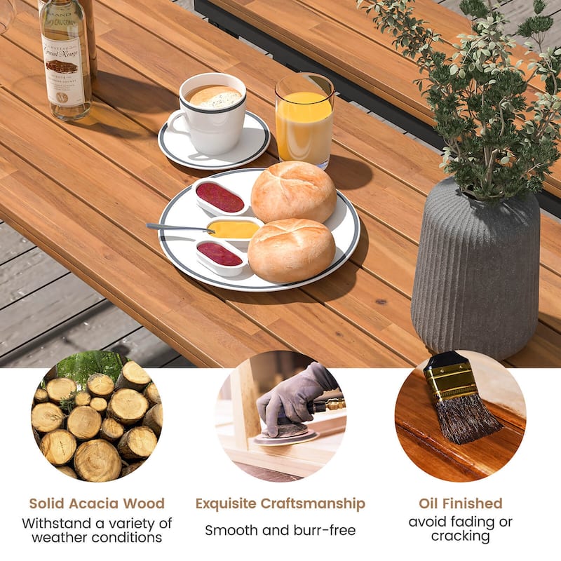Gymax Patio Folding Picnic Table Acacia Wood Dining Table w/ Metal