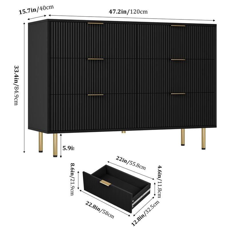 6 Drawer Fluted Dresser for Bedroom, Modern Wooden Storage Chest with Gold Handles