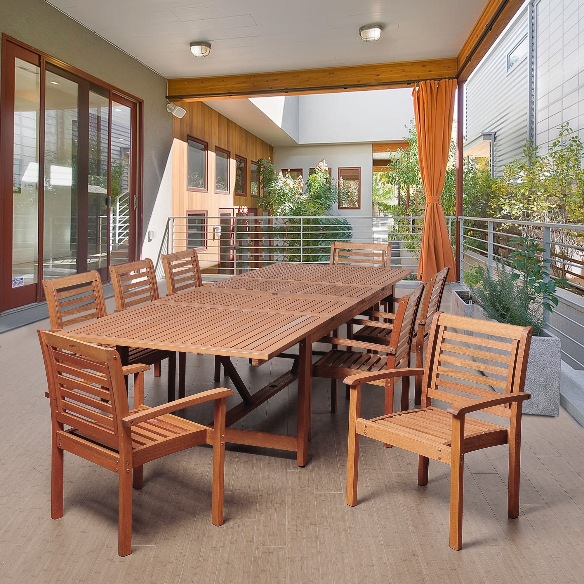 Outdoor Living and Style 9-Piece Brown Brooks Eucalyptus Extendable Rectangular Outdoor Patio Dining Set 79"