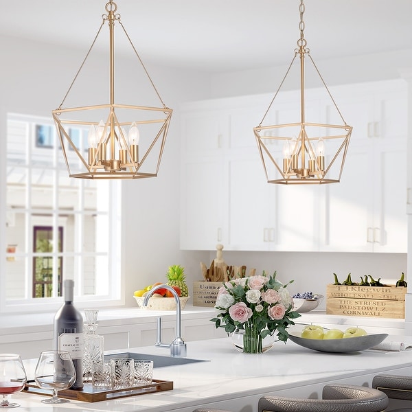 Laluz Zeci Modern Farmhouse 4 Light Gold Lantern Chandelier Cage Ceiling Lights for Dining Room D15.5 x H81.5