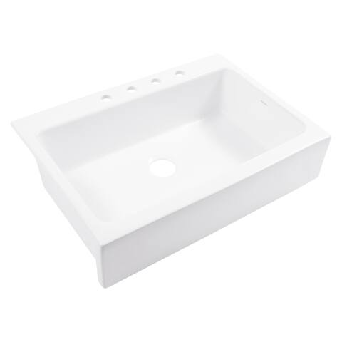 Parker Crisp White Fireclay 34" Single Bowl Quick-Fit Drop-In Farmhouse Apron Kitchen Sink with 4 Holes and Drain
