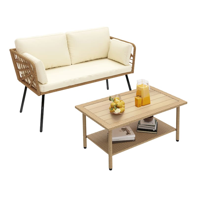 Moasis 2 Pieces Outdoor Wicker Bistro Patio Conversation Set with Loveseat and Side Table