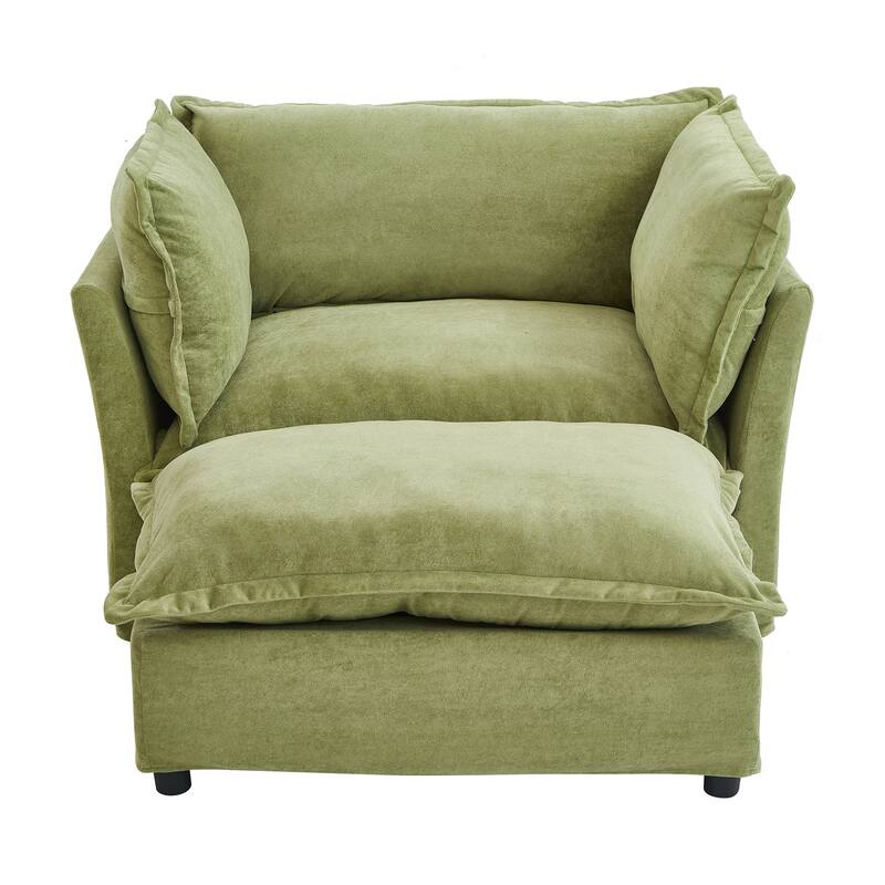 Chenille Modern Armchair Sofa with Movable Ottoman, Wide Seat, Curved Armrests, and Removable Cushions