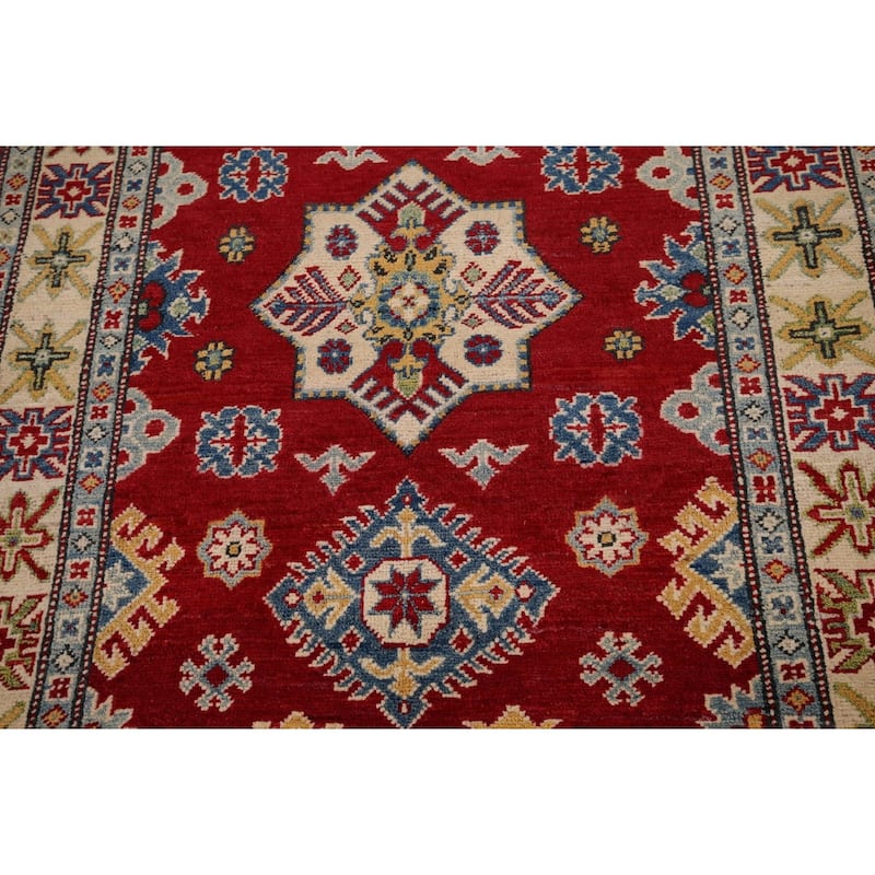 Red Geometric Kazak Accent Rug Handmade Traditional Wool Carpet - 3'5" x 5'0"