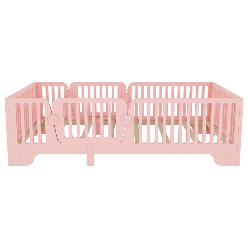 Montessori Floor Bed with Detachable Door, No Box Spring Needed, Kids Platform Bed with Slats and Fence