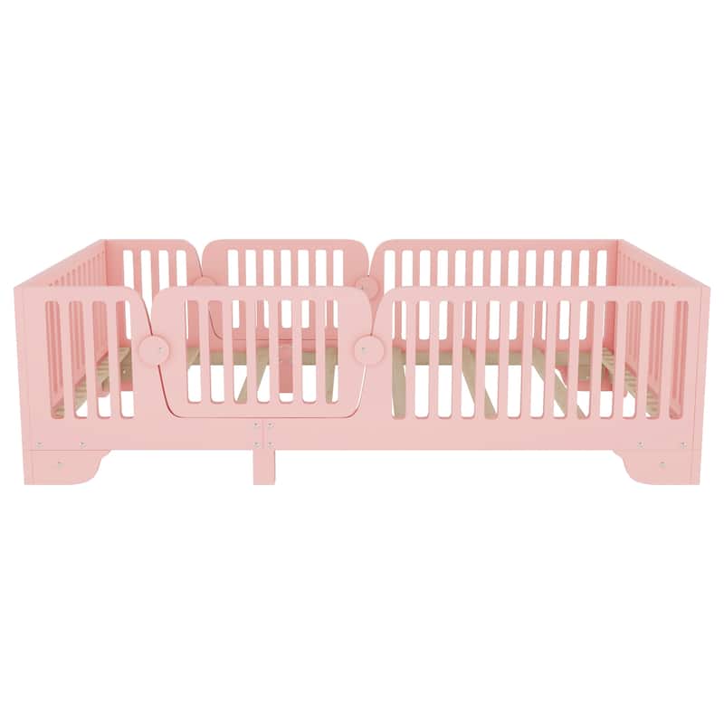 Twin Floor Bed with Slats and Fence, Twin Size Montessori Floor Beds with Door, No Box Spring Needed